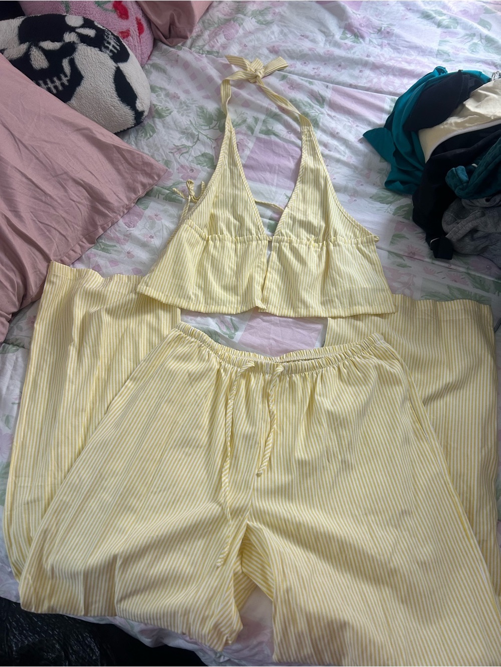 SHEIN Pale Yellow Striped Halter Pajama Set